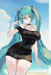 2__suo_bu_ye_feng__, girl,{{{hatsune miku,blue hair__,medium breasts, black dres s-484564890