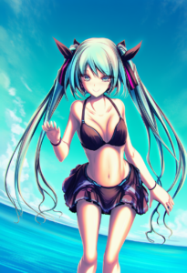 2__tenmaso__, girl,{{{hatsune miku,blue hair__,medium breasts, black dress bikin s-29102486