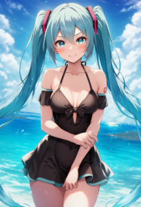 2__tomimon__, girl,{{{hatsune miku,blue hair__,medium breasts, black dress bikin s-125588657