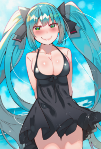 2__tonarikeru__, girl,{{{hatsune miku,blue hair__,medium breasts, black dress bi s-1389656750