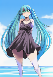2__tonpuu__, girl,{{{hatsune miku,blue hair__,medium breasts, black dress bikini s-175794733