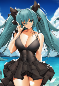 2__tony_guisado__, girl, hatsune miku,medium breasts, black dress,sea,solo,looki s-1717452703