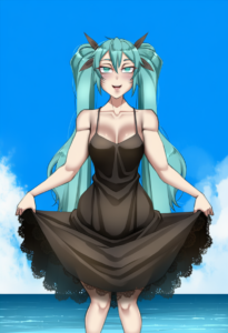 2__twrlare__, girl,{{{hatsune miku__,medium breasts, black dress,sea,solo,lookin s-2355030891