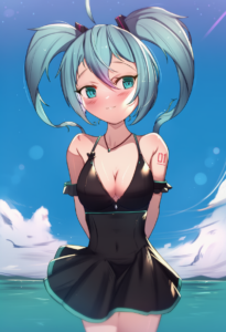 2__uneg__, girl,{{{hatsune miku,blue hair__,medium breasts, black dress bikini,b s-1896949457