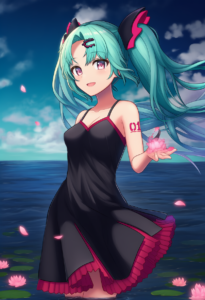 2__uni8 __, girl, hatsune miku,medium breasts, black dress,sea,solo,looking at v s-3413749407