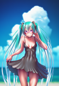 2__wokada__, girl,{{{hatsune miku__,medium breasts, black dress,sea,solo,looking s-242553143