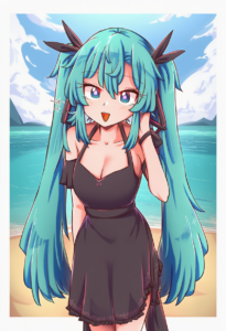 2__wool_(miwol)__, girl,{{{hatsune miku__,medium breasts, black dress,sea,solo,l s-3418475177 (1)