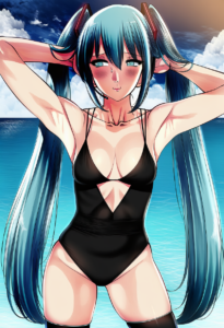 2__xter__, girl,{{{hatsune miku,blue hair__,medium breasts, black dress bikini,b s-1581700570