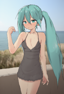 2__yakihebi__, girl,{{{hatsune miku,blue hair__,medium breasts, black dress biki s-869617466