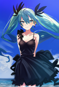 2__yomosaka__, girl,{{{hatsune miku__,medium breasts, black dress,sea,solo,looki s-3433967490