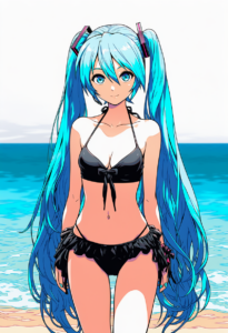 2__ysys__, girl,{{{hatsune miku,blue hair__,medium breasts, black dress bikini,b s-150809025
