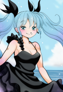 2__yuzuna99 __, girl, hatsune miku,medium breasts, black dress,sea,solo,looking s-2246692319