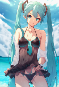 2__zamius__, girl,{{{hatsune miku,blue hair__,medium breasts, black dress bikini s-924412994