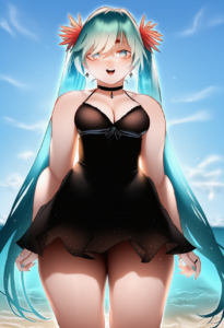 2__zasshu__, girl,{{{hatsune miku,blue hair__,medium breasts, black dress bikini s-3779848378