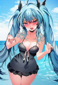 2__zerocat__, girl,{{{hatsune miku,blue hair__,medium breasts, black dress bikin s-840086437