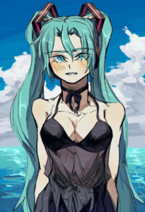 2__zunkome__, girl,{{{hatsune miku,blue hair__,medium breasts, black dress bikin s-3095317449